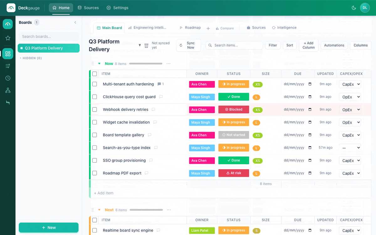 Deckgauge board — Jira, GitHub, GitLab and Azure DevOps in one Monday-style board with owners, status, effort sizing, CapEx/OpEx, and inline comments